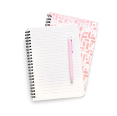 Notebooks and pen isolated on white, top view
