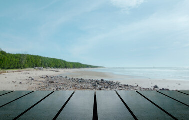 Table background of free space  for standing product against the background of the autumn sea landscape Blue sky and clouds.Space concept for text and decoration, advertisement.