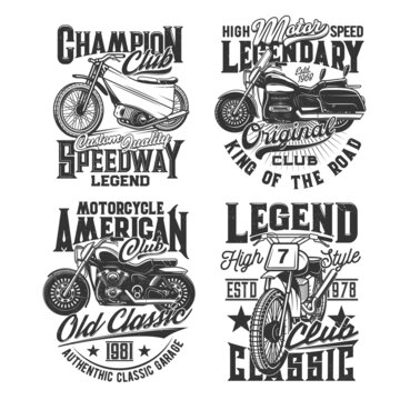 Speedway club t-shirt prints, motorcycle sport and moto bikers emblems, vector. American motocross and speedway champion racing, custom chopper bike garage and legendary motors slogans