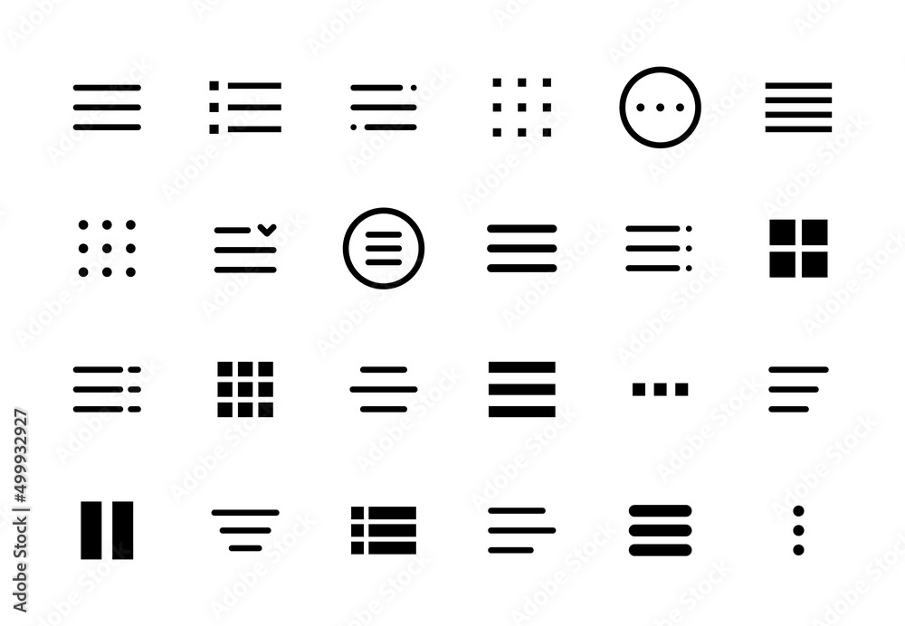 Poster Hamburger menu icons, web and mobile navigation buttons of app ui. Isolated vector burger menu symbols of collapsed menu or navigation bar with three horizontal bars, squares, dots and ellipsis