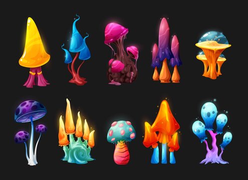 Magic and fairy mushrooms, vector fantasy game asset. UI or GUI design. Alien planet fairytale forest or fantastic isolated fungus plants, neon glowing mushrooms with bright caps and stalks
