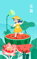 Child standing on a watermelon to enjoy the shade, with lotus and lotus leaves in the background, vector illustration, Chinese translation: Beginning of summer