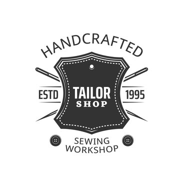 Tailor shop icon with leather patch and crossed sewing needles. Custom clothing workshop, handmade dresses atelier or studio and clothes repair service vector emblem, retro label or vintage icon