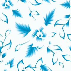 tropical Flowers silhouettes seamaless pattern on white background. Simple nature floral background. Seamless pattern with hand drawn flowers. Contour drawing. Sketch style. Fashion design textile 