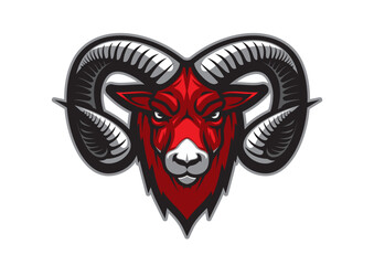 Mountain goat mascot with vector head of bighorn ram. Sport team mascot of isolated cartoon goat animal with angry face, large curved horns and red fur, strong aggressive mammal monster tattoo