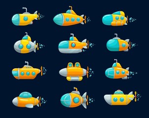 Cartoon submarine, yellow underwater ship game asset. Isolated vector sea vehicles with periscope, portholes and blades. Deep sea subs for water transportation, kids game asset