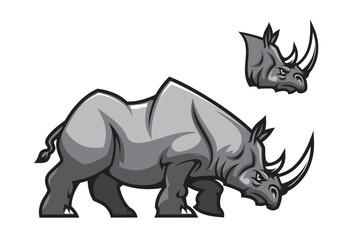 Aggressive rhino mascot character. Rhinoceros vector animal with angry face, white horns and gray muscular body. African savanna two horned rhino beast cartoon mascot of sport club or team mascot - obrazy, fototapety, plakaty