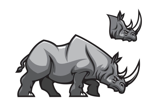 Aggressive rhino mascot character. Rhinoceros vector animal with angry face, white horns and gray muscular body. African savanna two horned rhino beast cartoon mascot of sport club or team mascot