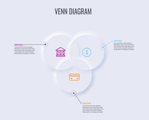 Neumorphic venn diagram, vector business chart with bank building, dollar sign and credit card inside of overlapped circles. Infographics layout for presentation, skeuomorphic infographic data graph