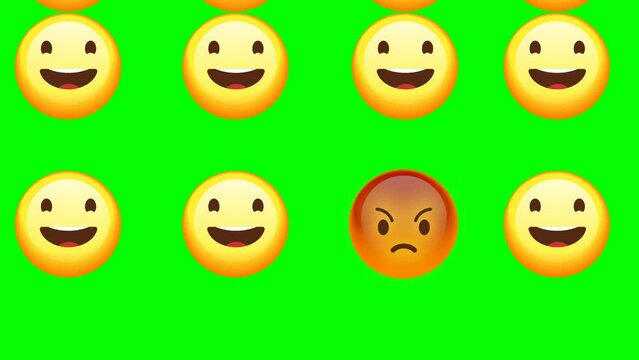 smiley and angry emoji looping animation and smiley emoji hiding a place the angry  background. 4k green screen animation.