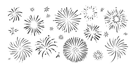 Doodle firework set. Shiny foreworks for parties and celebrations. Vector illustration isolated in white background