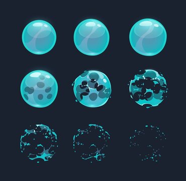 Soap bubble burst effect animated sprite. Vector storyboard for game animation. Water sphere explosion with splashes and drop splatters. Set of glossy blue balloons sequence explode frame