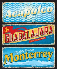 Monterrey, Guadalajara, Acapulco city travel plates and stickers. Mexican vacation journey vintage tin sign or retro banners with city flags. South America travel postcard or tourism grungy sticker