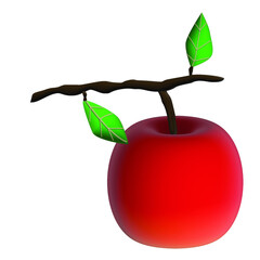 3D Red apple with brown branch and  two green leaves 