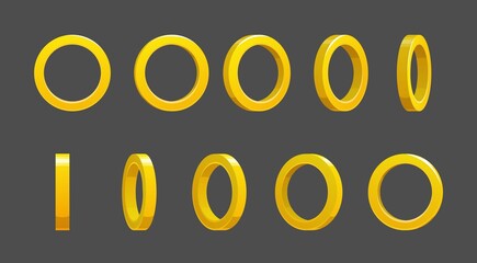Golden ring rotate animated game sprite. Cartoon vector turning circles animation, ui sequence frame, gui design elements. Yellow gold glossy assets for user interface, isolated bonus or jewelry rings