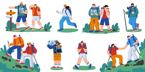 Fototapeta premium People hiking set. Active vacation and tourism scenes, tourist characters with backpacks on adventure. Vector set
