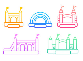 Bouncy castle gradient outline icons. Jumping inflatable houses on kids playground. Set of vector logos EPS 10