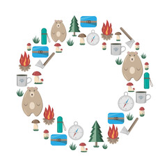 Round frame of objects on the theme of tourism and hiking. vector illustration