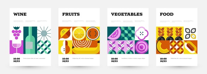 Fototapeta Geometric food poster. Abstract placard with minimalistic fruits and vegetables for food market and grocery. Vector set obraz