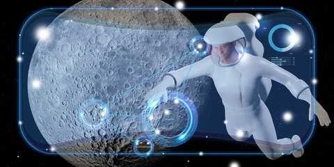 Metaverse vr glasses astronaut simulation outer space and stars Astronomical Studies Digital interface VR technology 3D illustration © nana