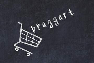 Chalk drawing of shopping cart and word braggart on black chalboard. Concept of globalization and mass consuming - obrazy, fototapety, plakaty