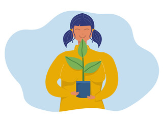 World Earth Day green eco energy , Young  woman holding plant tree on World Earth Day Growing plant. Agriculture, ecology, environment cartoon flat vector