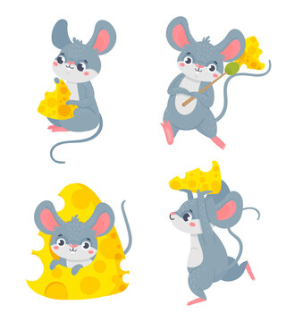 Cartoon mouse with cheese, cute hamster collection