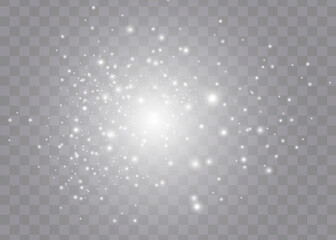 The dust sparks and golden stars shine with special light. Vector sparkles on a transparent background.