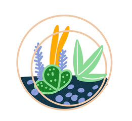 Succulent in glass flower pot. Florarium illustration