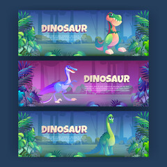 Cartoon banners with dinosaurs brontosaurus, tyrannosaurus rex and triceratops prehistoric animals in jungle rainforest. Invitation flyers to Jurassic era park with ancient dino, Vector illustration © klyaksun