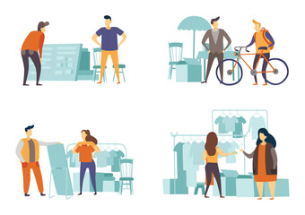 Flea market selling old fashion things, seller and customer