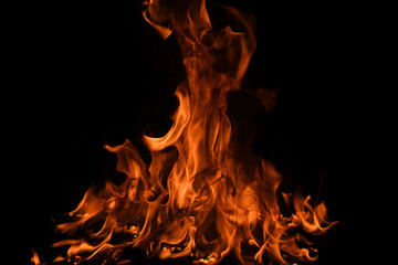 Texture of fire on a black background. Abstract fire flame background, large burning fire. - obrazy, fototapety, plakaty