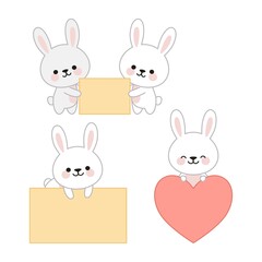 Set of cute kawaii rabbits for design. Two are holding a poster, two are peeking out from behind a heart and a poster.