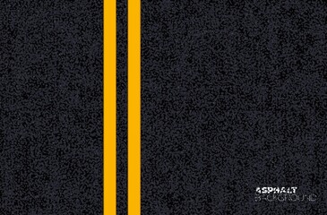 Asphalt road texture background, black tarmac surface. Realistic vector highway with double yellow line top view. Pathway with marking, pavement backdrop structure, roadway traffic direction - obrazy, fototapety, plakaty