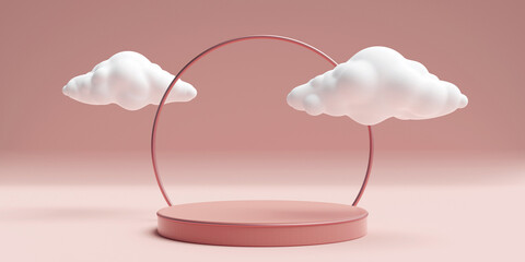 Pink 3d round podium with cloud. Pedestal showcase mockup for beauty and cosmetics industry and product promotion. Realistic 3d high quality render.