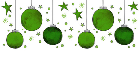 grüne Weihnachtskugeln, mit Sternen und Schneeflocken, Weihnachten, Weihnachtskarte, von Hand gezeichnet