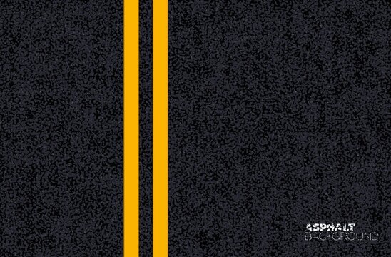 Asphalt road texture background, black tarmac surface. Realistic vector highway with double yellow line top view. Pathway with marking, pavement backdrop structure, roadway traffic direction