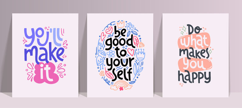 Mental health slogans set. Handwritten positive self-talk inspirational quotes.