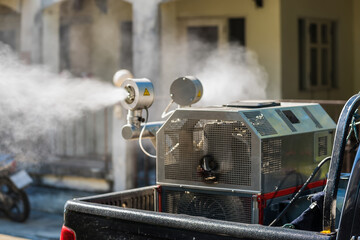 Bangkok, Thailand - January, 24, 2022 : Car with machine spraying to eliminate mosquito for...