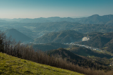 Wide panoramic view from Malic takeoff point, close to Smohor overlooking the city of Lasko in Slovenia on a nice evening.