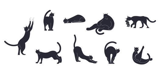 Set of cat silhouettes in different poses isolated