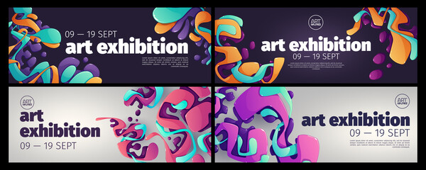 Art exhibition banners with abstract pattern of liquid paint splashes. Vector horizontal posters of modern gallery or art center with creative background with cartoon fluid shapes
