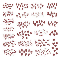 Set of abstract textures in brown colors. Dots, squiggles, curves, lines, spots. Vector hand-drawn illustration isolated on white background. Perfect for decorations, various designs.