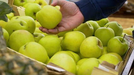 A man holds in his hands a beautiful green apple taken from a store shelf, buying apples at a fair, a man chooses apples in the market for cooking meals at home.