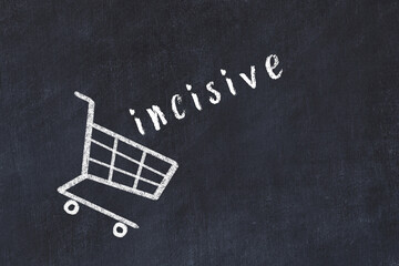 Chalk drawing of shopping cart and word incisive on black chalboard. Concept of globalization and...