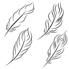 Collection of isolated feathers, stencil, tattoo. Black and white flat illustration.