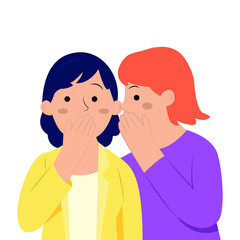 Gossip of two friends. Cartoon isolated characters. Colorful flat illustration. Whisper a secret in your ear.