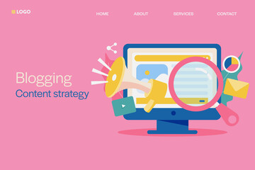 Blogging content, blog post sharing with social media audience, content development and seo marketing concept, business content with email marketing, web banner template. 