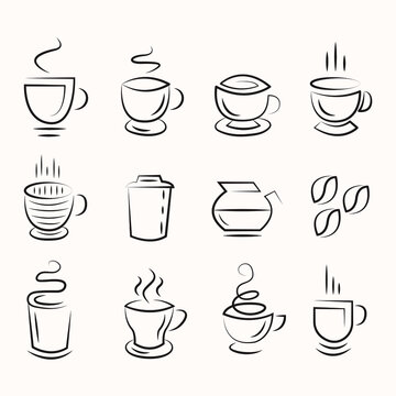 Collection of isolated coffee mugs and cups. Flat illustration. Aromatic hot coffee.