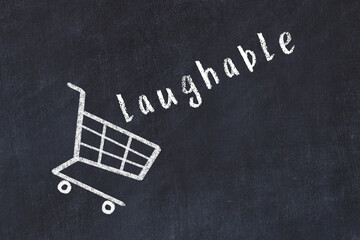 Chalk drawing of shopping cart and word laughable on black chalboard. Concept of globalization and...